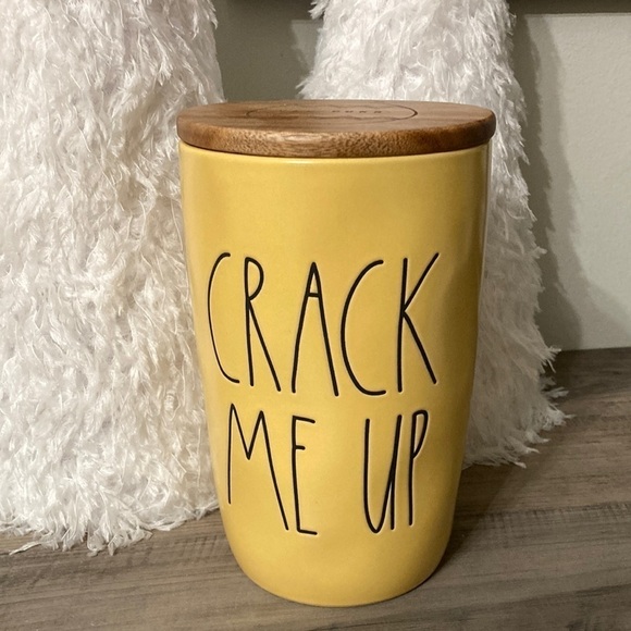 Rae Dunn CRACK ME UP YELLOW CERAMIC CELLAR WITH WOODEN LID - Picture 1 of 8